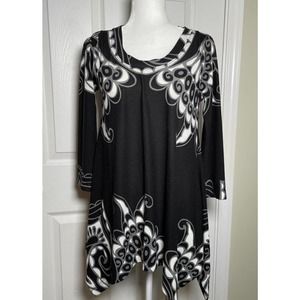 NWT Philosophy Women's Black White Floral Print 3/4 Sleeves Tunic Shirt S Small